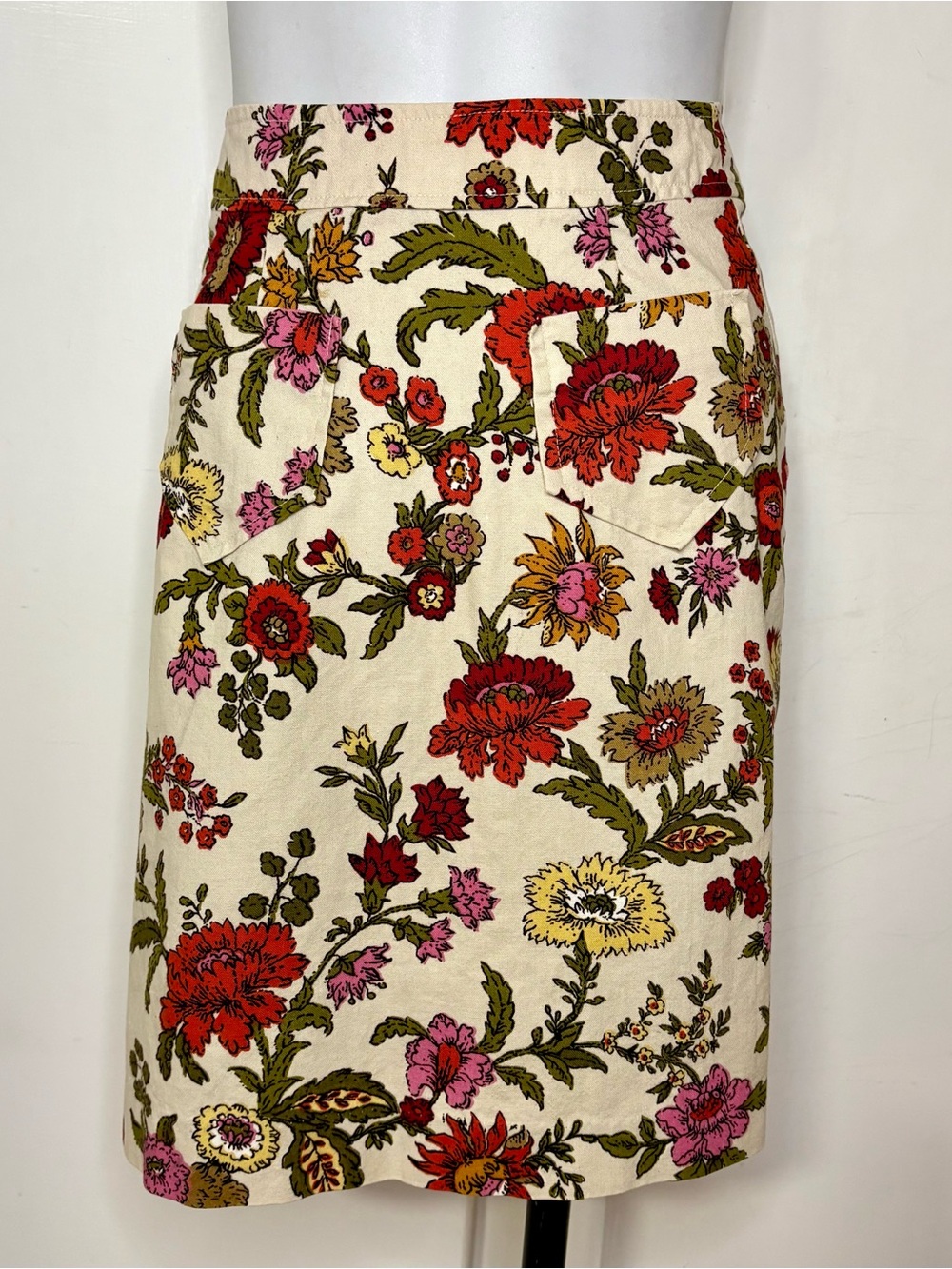 Vintage 60s Cotton Canvas Tan Floral High Waisted A Line Mini Skirt